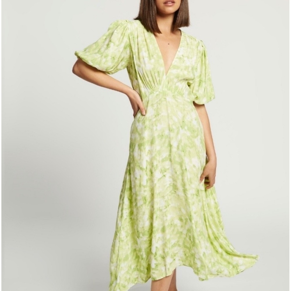 Faithfull The Brand Green White Tie Dye Midi Dress V-Neck Puff Sleeve S Boho